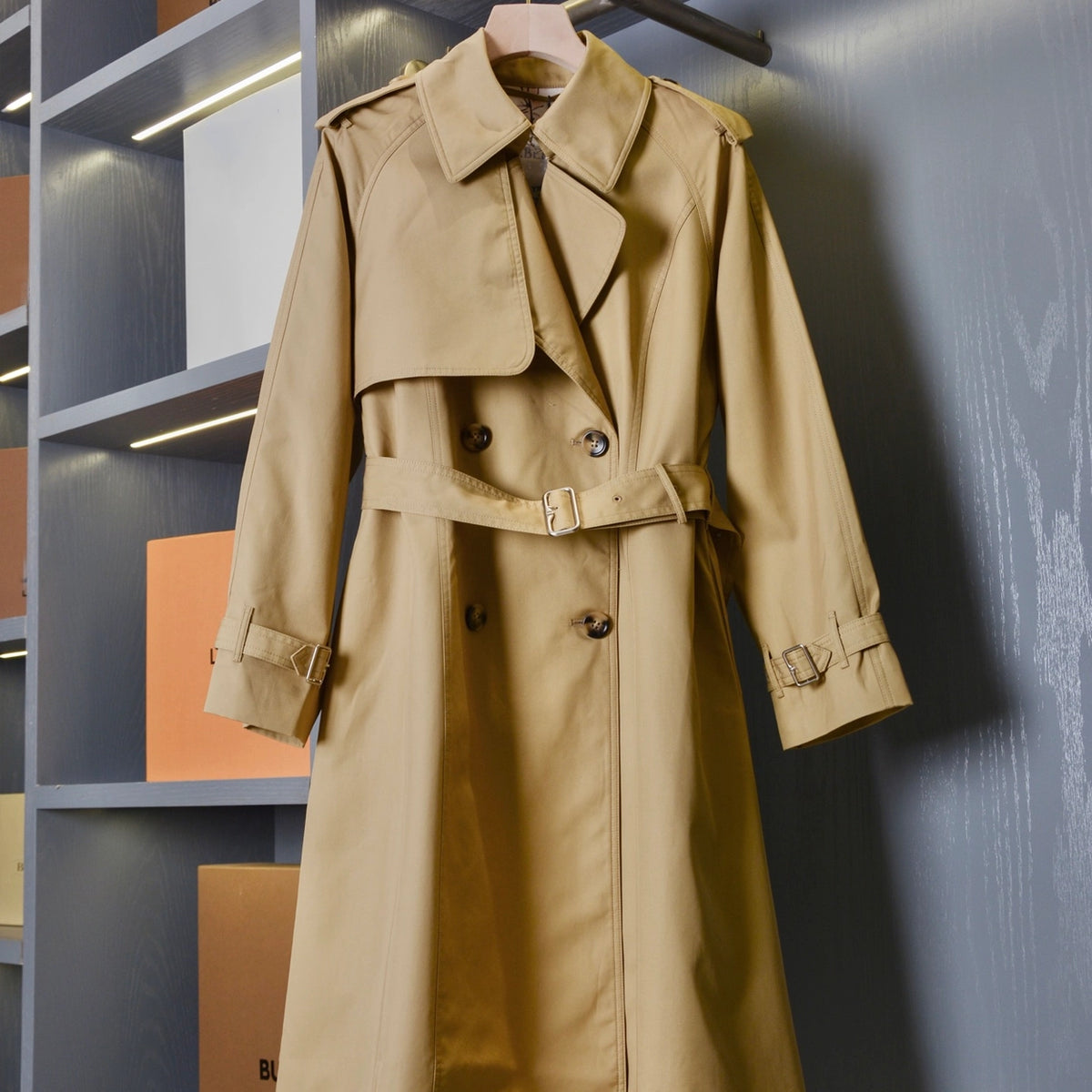 Long lightweight gabardine trench coat with belt, windproof jacket - Sailor Blue, Khaki