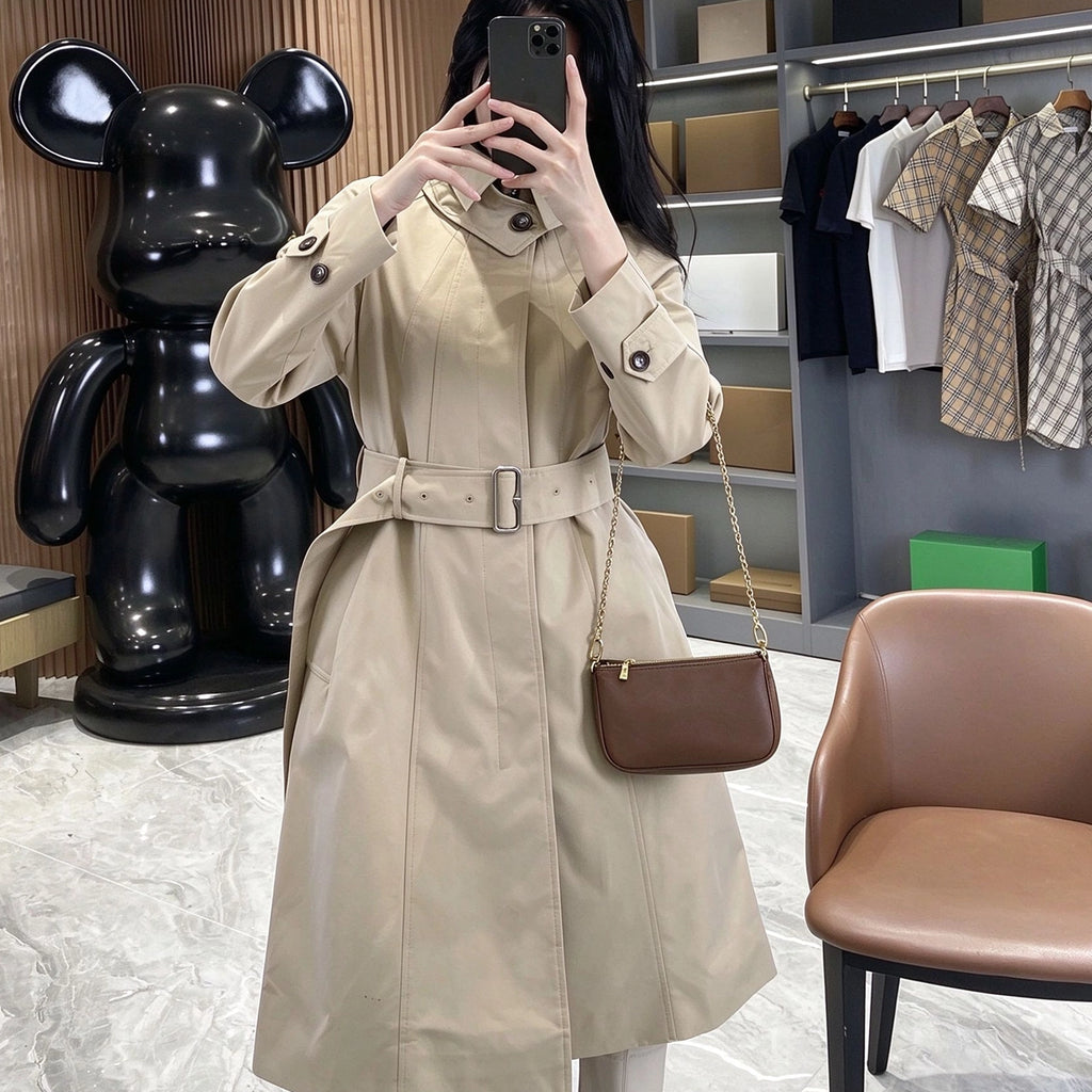 Women's Long Cotton Twill Lightweight Coat - Khaki