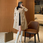 Women's mid-length gabardine double-breasted windproof trench coat