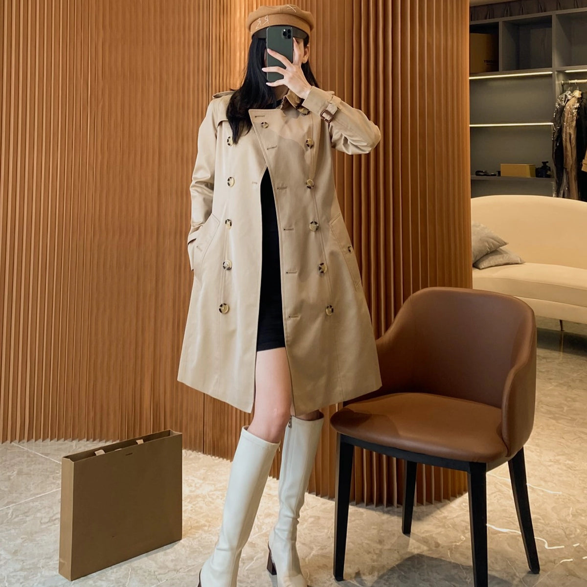 Women's mid-length gabardine double-breasted windproof trench coat