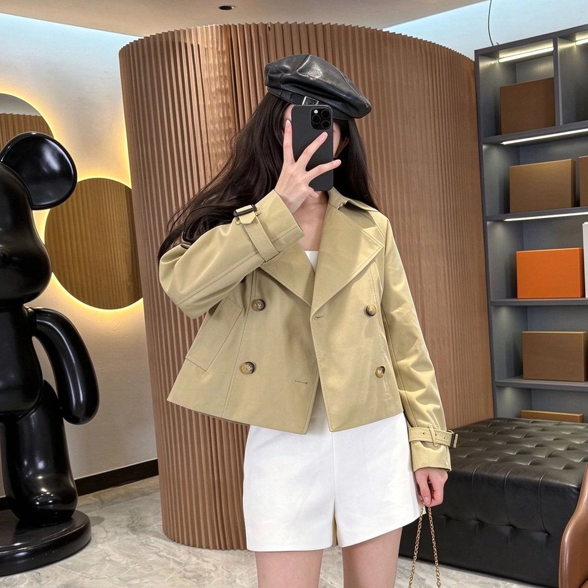 Women's Short Cotton-Blend Earth-Tone Windproof Trench Coat