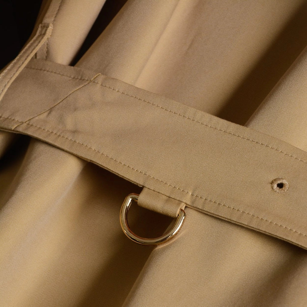 Women's long gabardine fabric trench coat with plaid lapel - Caramel