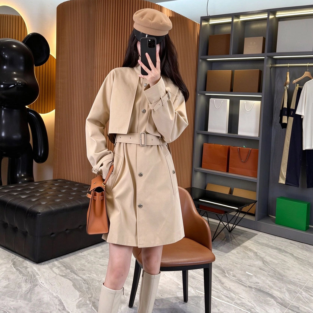 Women's Loose Cape-Style Lightweight Trench Coat, Shawl Casual Jacket - Khaki