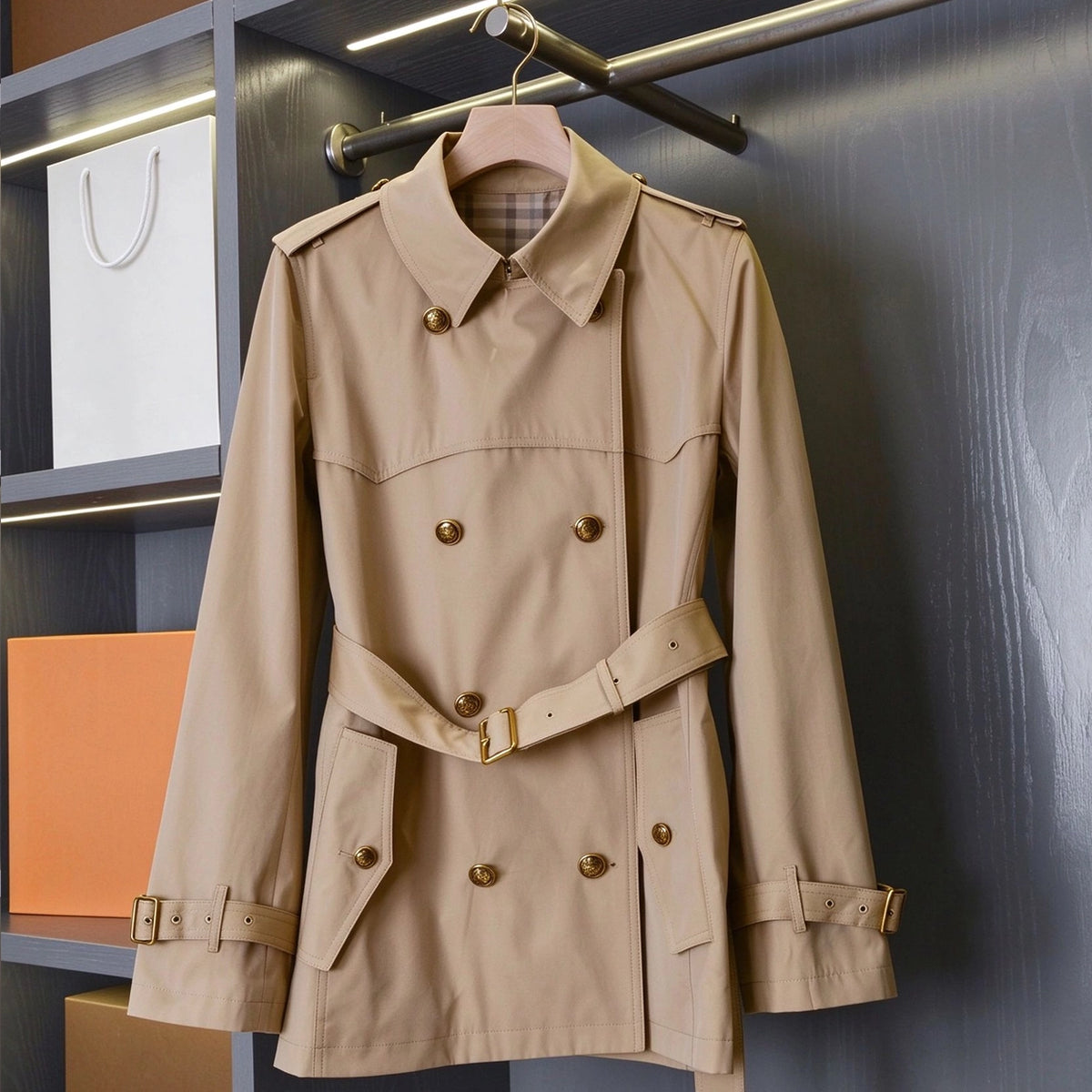 Short, lightweight gabardine trench coat with detachable hood – Salt Marsh Beige, Vineyard Red