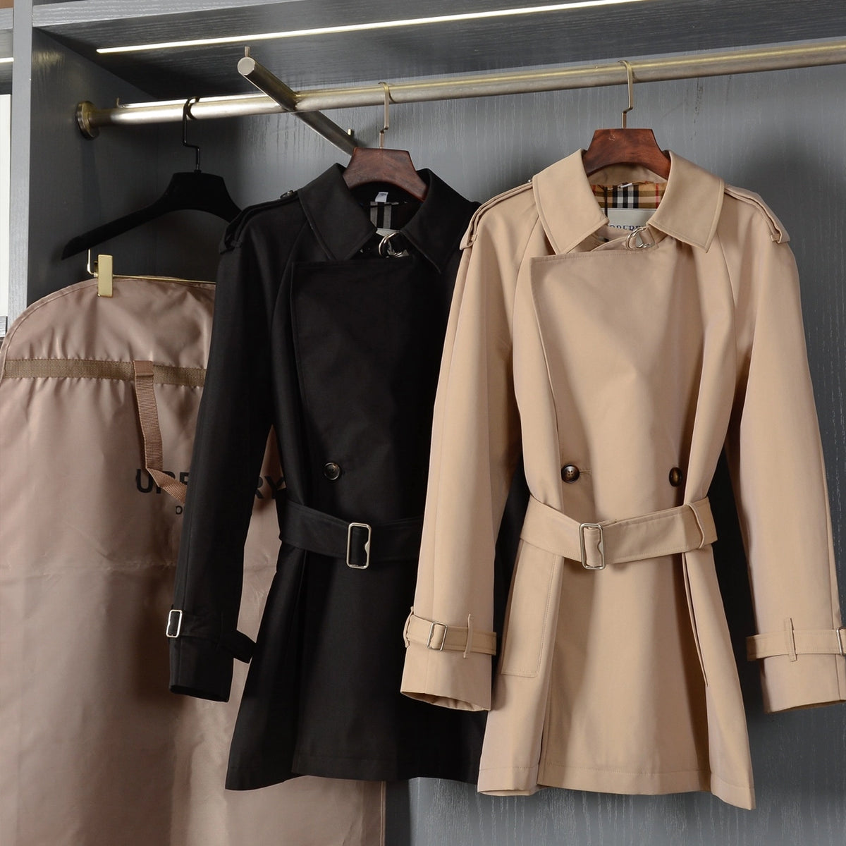 Women's Mid-Length Gabardine Trench Coat - Khaki, Black