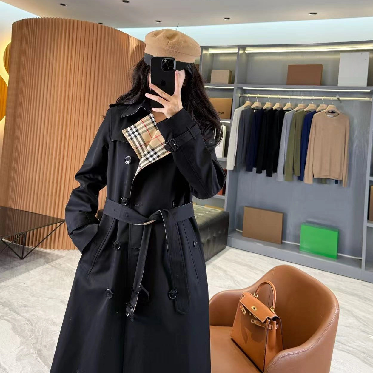 British-style long gabardine trench coat, classic fitted trench jacket - Khaki, black