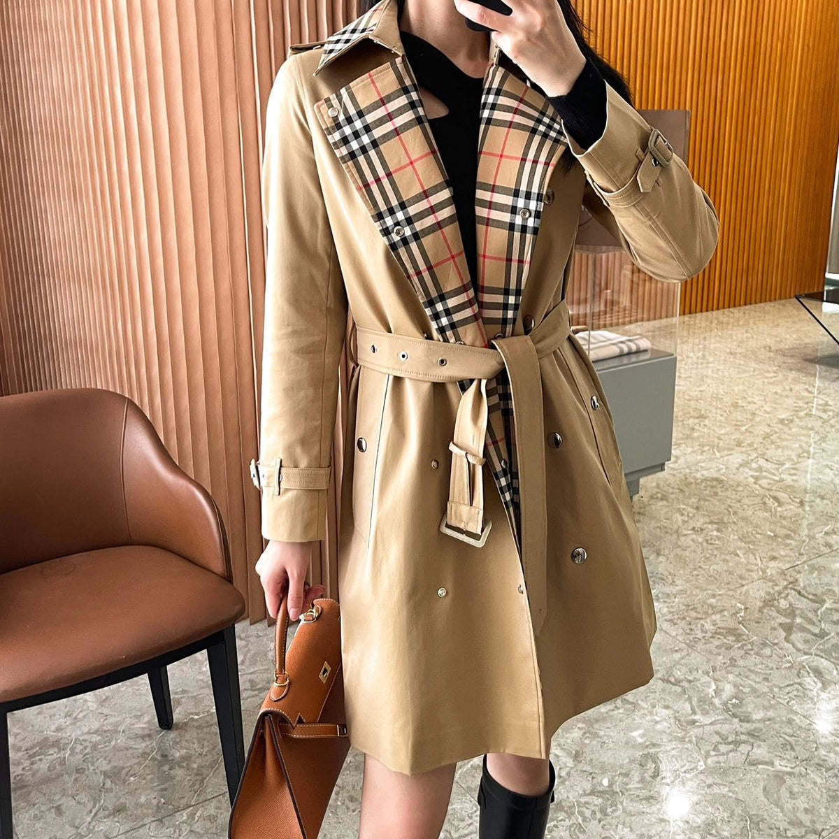 Women's Trench Coat with Checkered Lining Detail, Cotton - Available in Two Colors