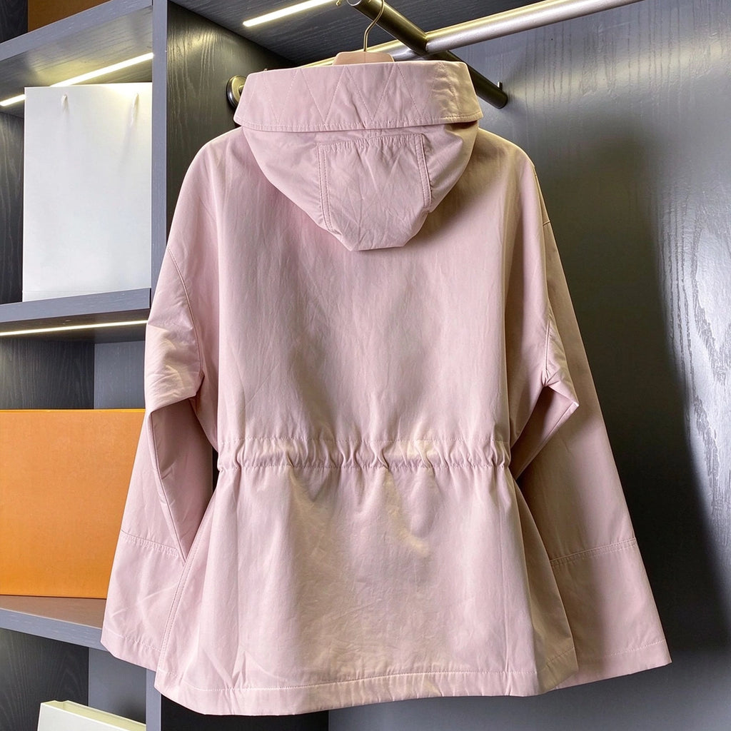 Women's Simple Hooded Waist-Cinching Trench Coat Zipper Jacket - Light Blush Red, Green