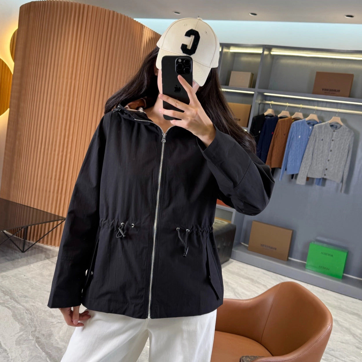 Hooded zip-up jacket, waist-cinched mid-length trench coat