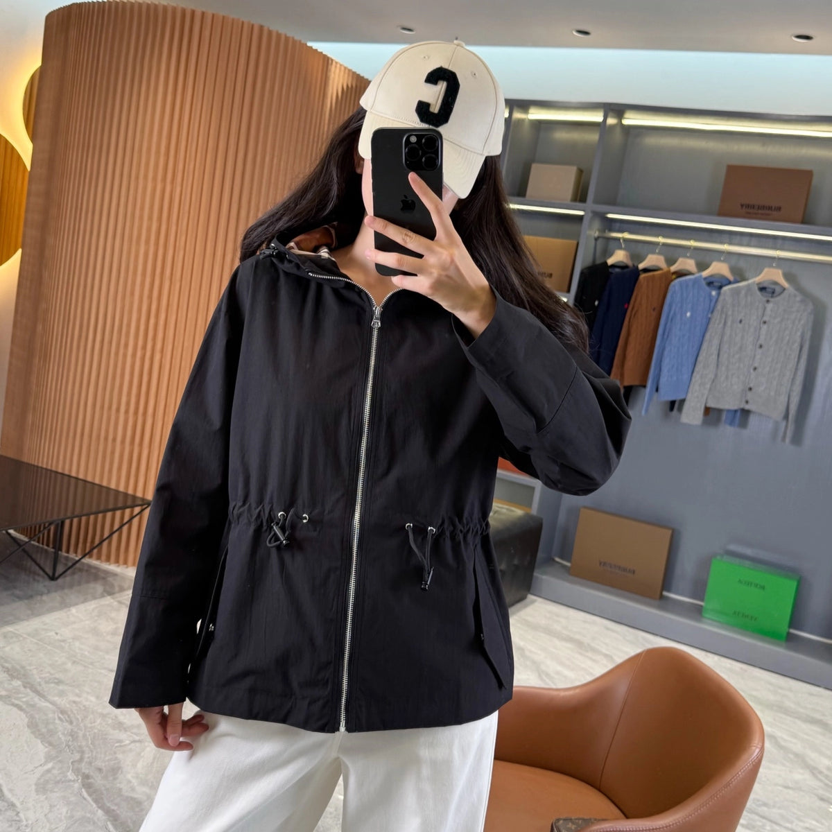 Hooded zip-up jacket, waist-cinched mid-length trench coat