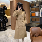 Women's Long Plaid Collar Windbreaker Coat - Khaki, Black
