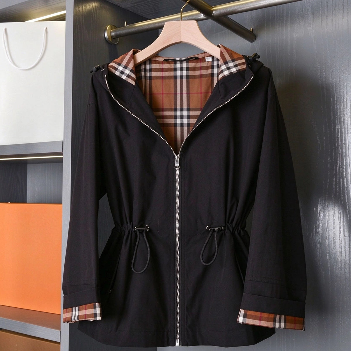 Hooded zip-up jacket, waist-cinched mid-length trench coat