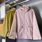 Women's Simple Hooded Waist-Cinching Trench Coat Zipper Jacket - Light Blush Red, Green