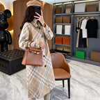 Women's Mid-Length Lightweight Reversible Plaid Trench Coat - Loose Casual Windbreaker in Khaki