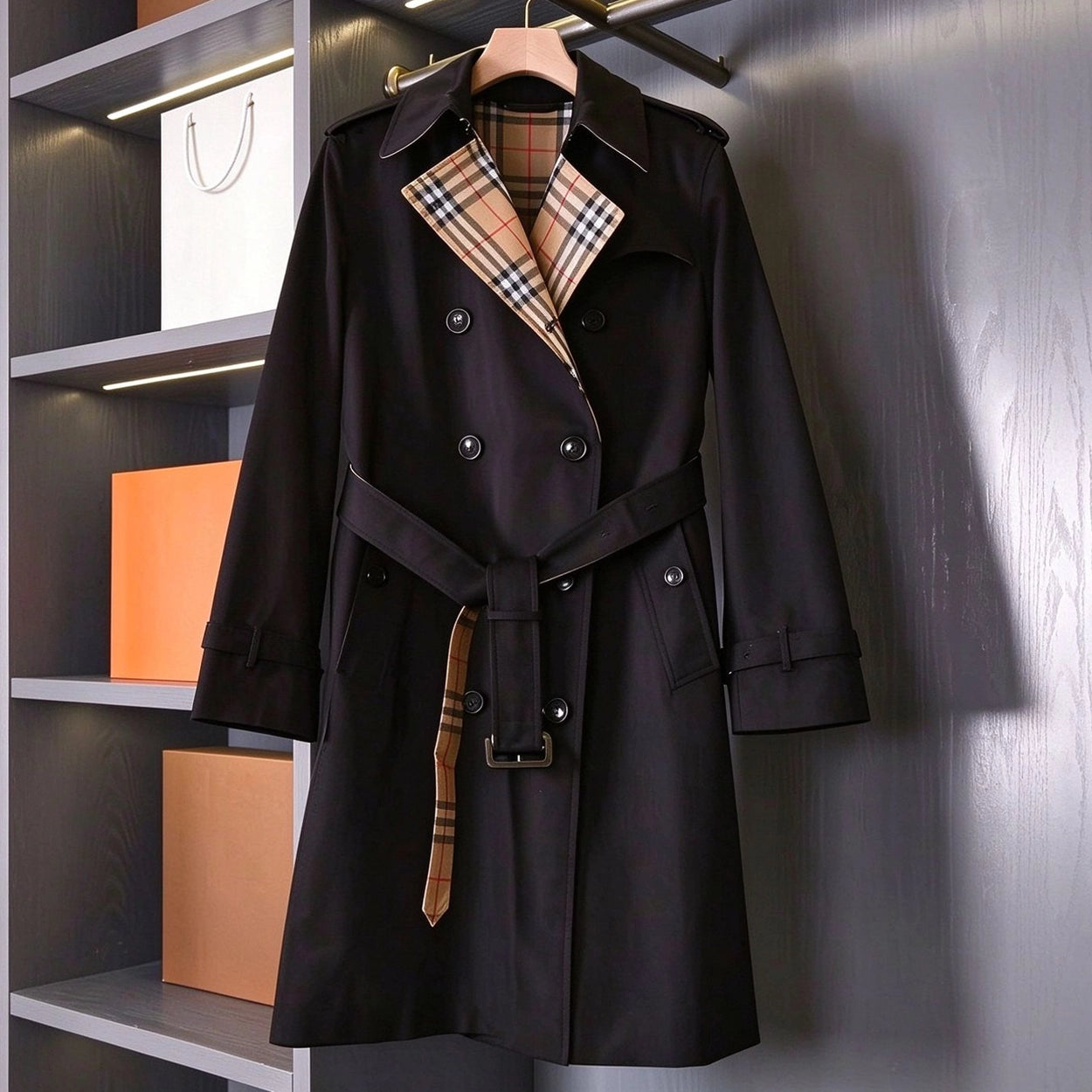 British-style long gabardine trench coat, classic fitted trench jacket - Khaki, black