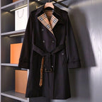 British-style long gabardine trench coat, classic fitted trench jacket - Khaki, black