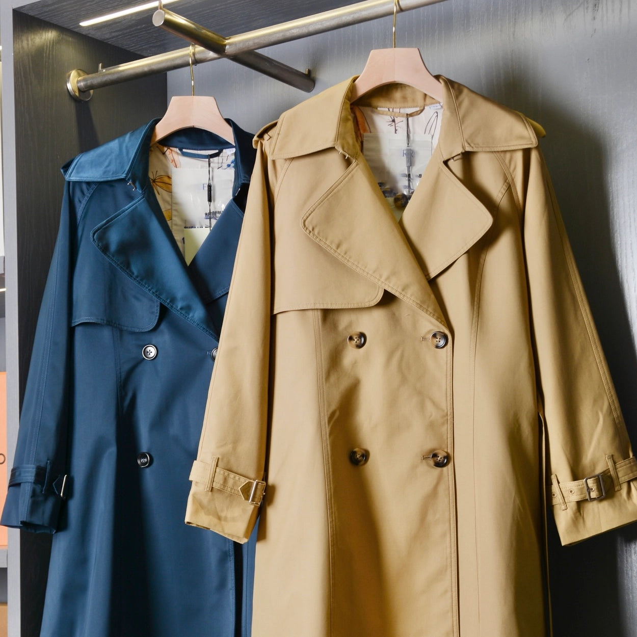 Long lightweight gabardine trench coat with belt, windproof jacket - Sailor Blue, Khaki