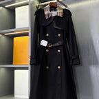 Women's Long Plaid Collar Windbreaker Coat - Khaki, Black