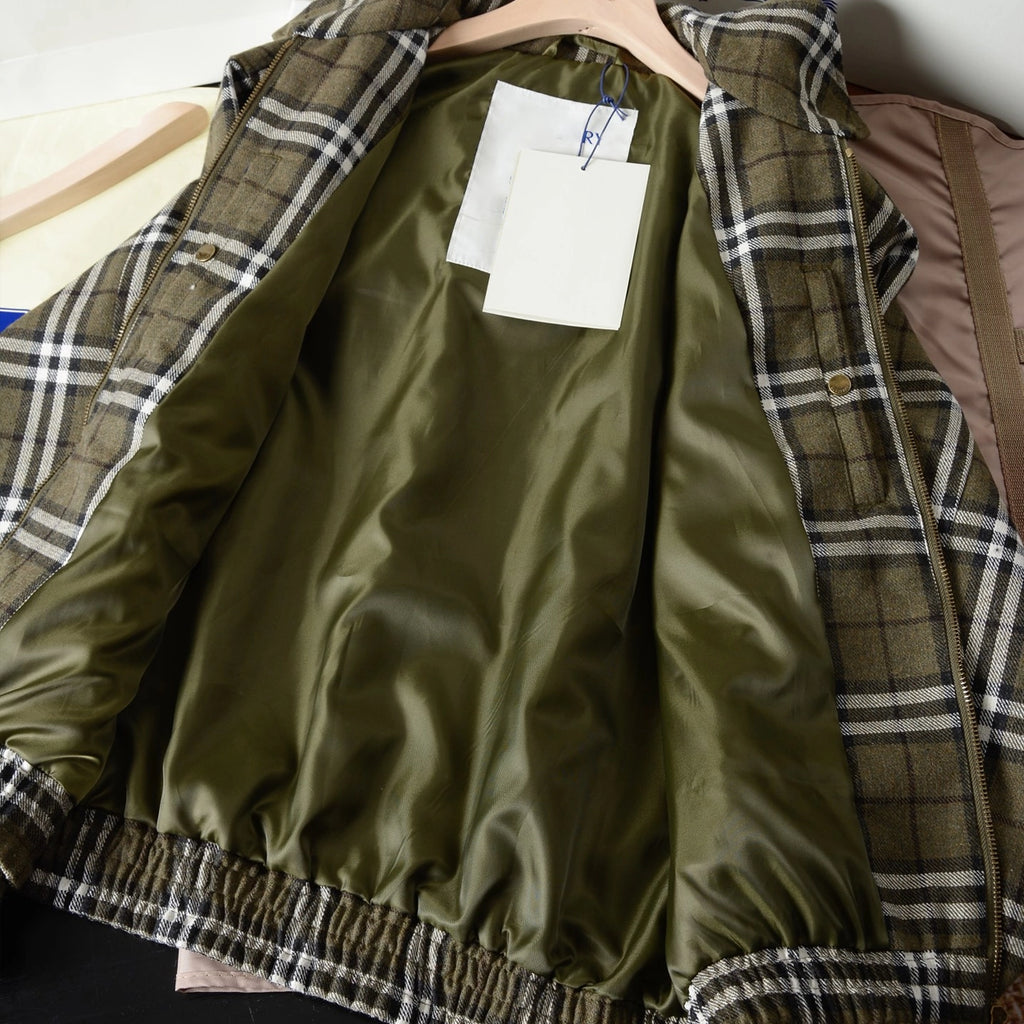 Unisex Plaid Patchwork Wool Harrington Jacket