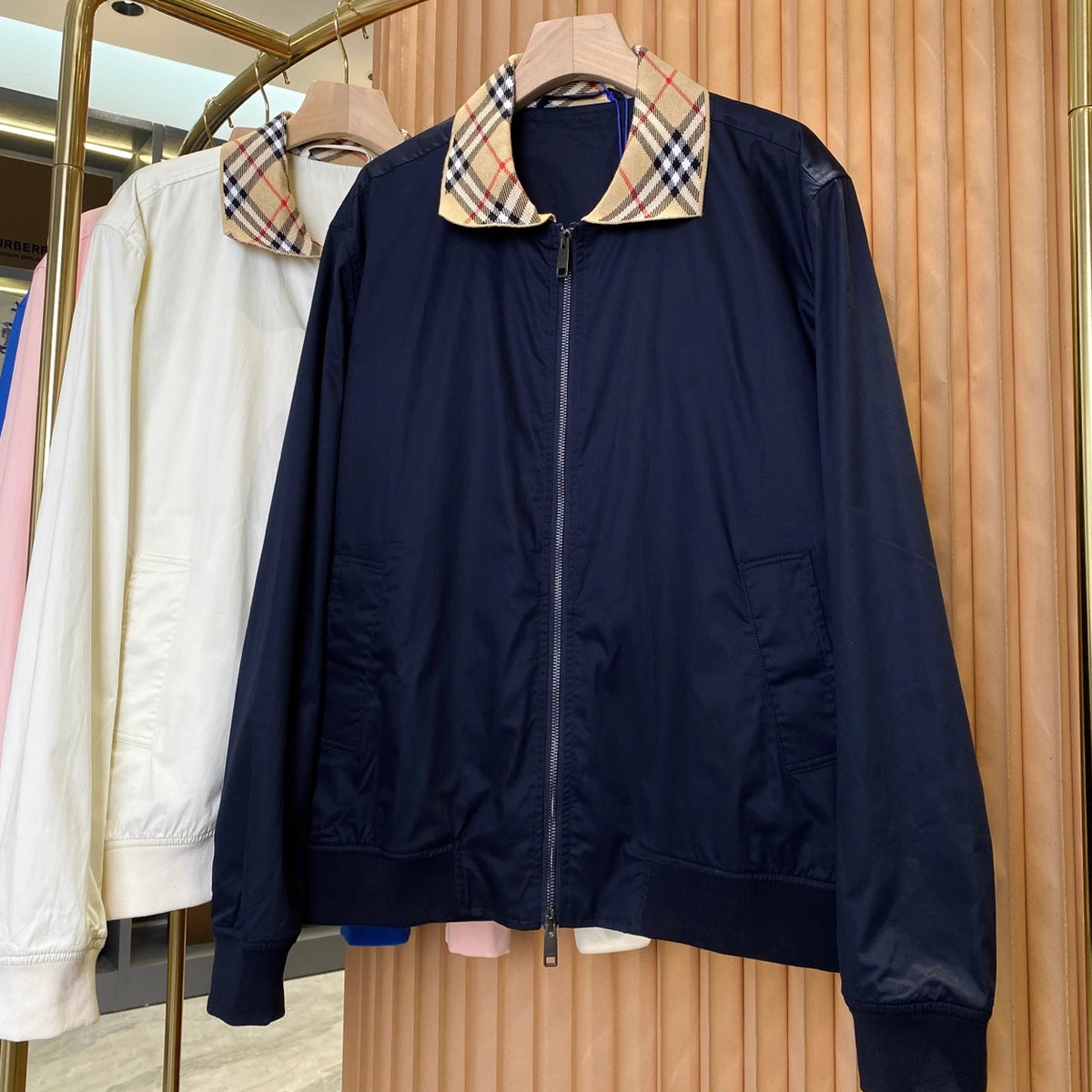 Men's Gabardine Loose-Fit Notch Collar Jacket, Plaid-Trimmed Casual Windbreaker - Tundra White, Nautical Blue, Navy Blue