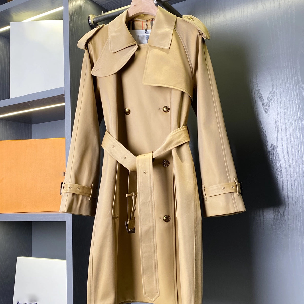 Mid-length gabardine trench coat, loose raglan sleeves with a cinched waist windproof jacket - reddish-brown, Khaki