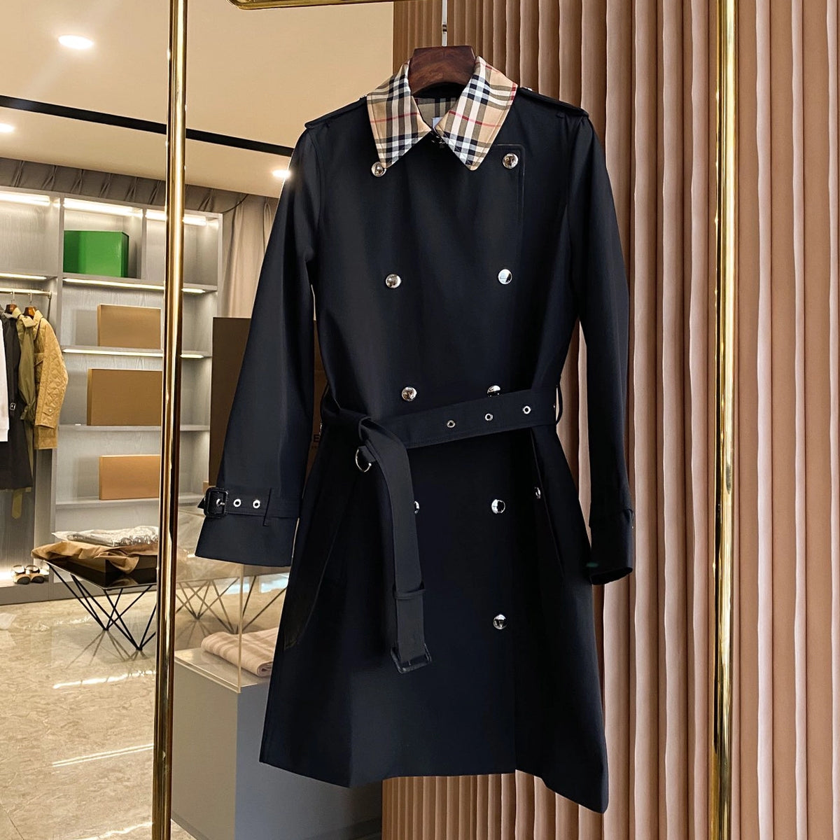 Women's Trench Coat with Checkered Lining Detail, Cotton - Available in Two Colors