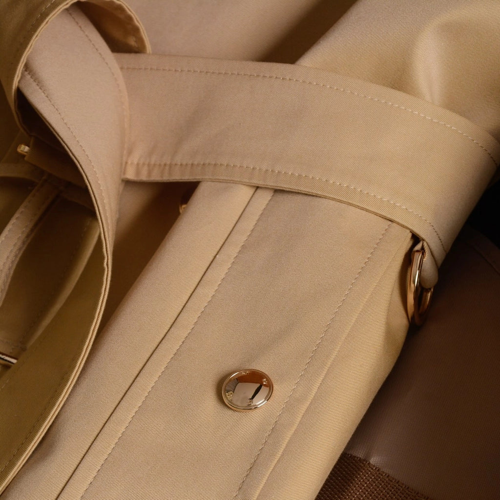 Women's long gabardine fabric trench coat with plaid lapel - Caramel