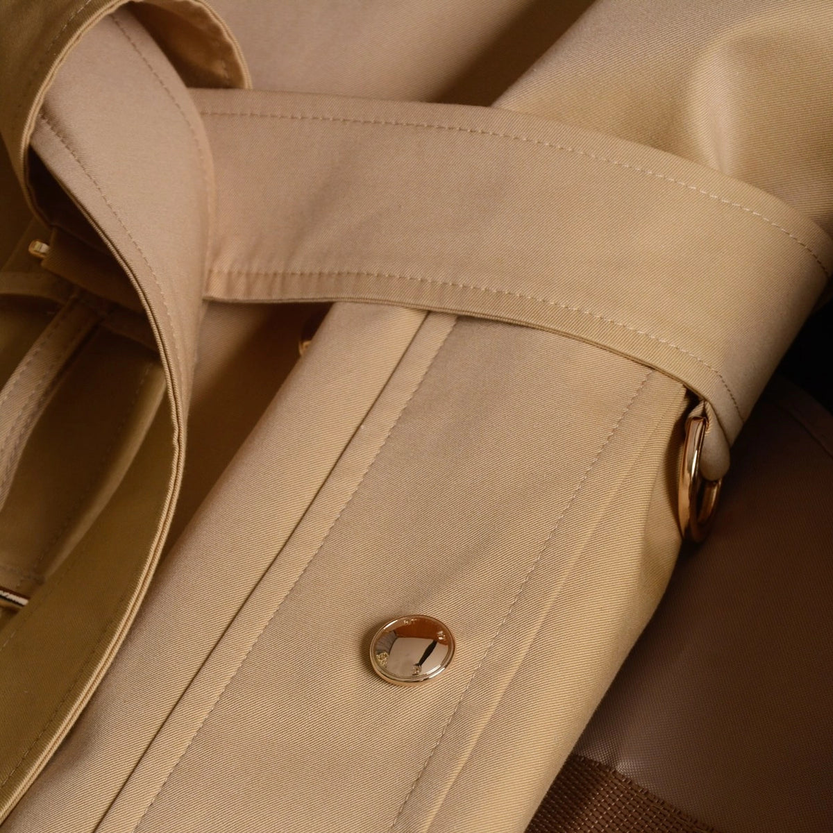 Women's long gabardine fabric trench coat with plaid lapel - Caramel