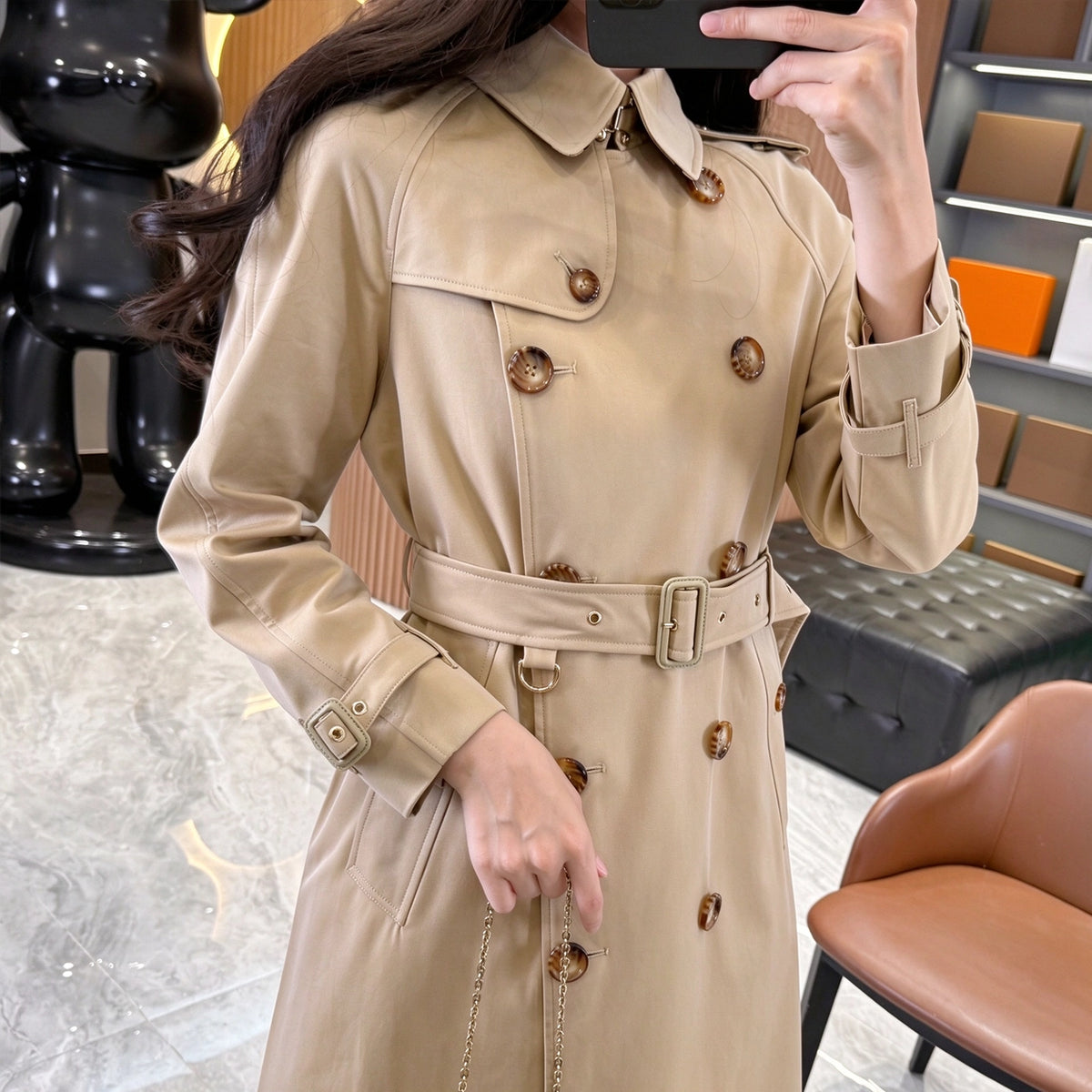 Women's Lined Printed Double-Breasted Belted Trench Coat - Khaki