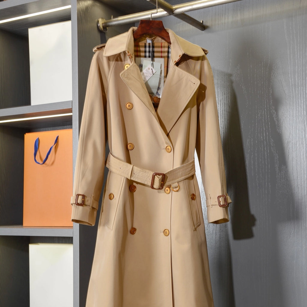 Women's Trench Coat with Metal Buttons, Double-Breasted, Belted - Khaki