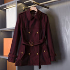 Short, lightweight gabardine trench coat with detachable hood – Salt Marsh Beige, Vineyard Red