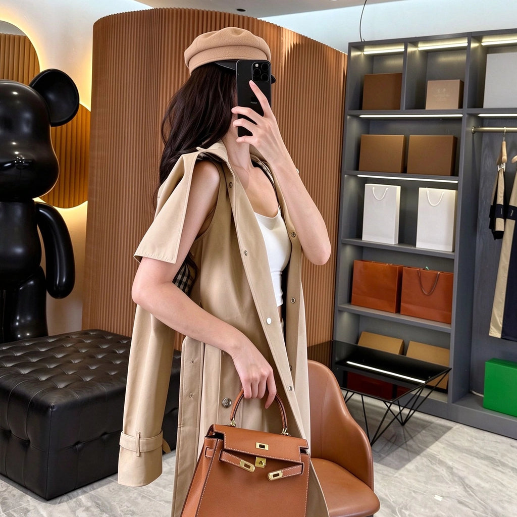 Women's Loose Cape-Style Lightweight Trench Coat, Shawl Casual Jacket - Khaki