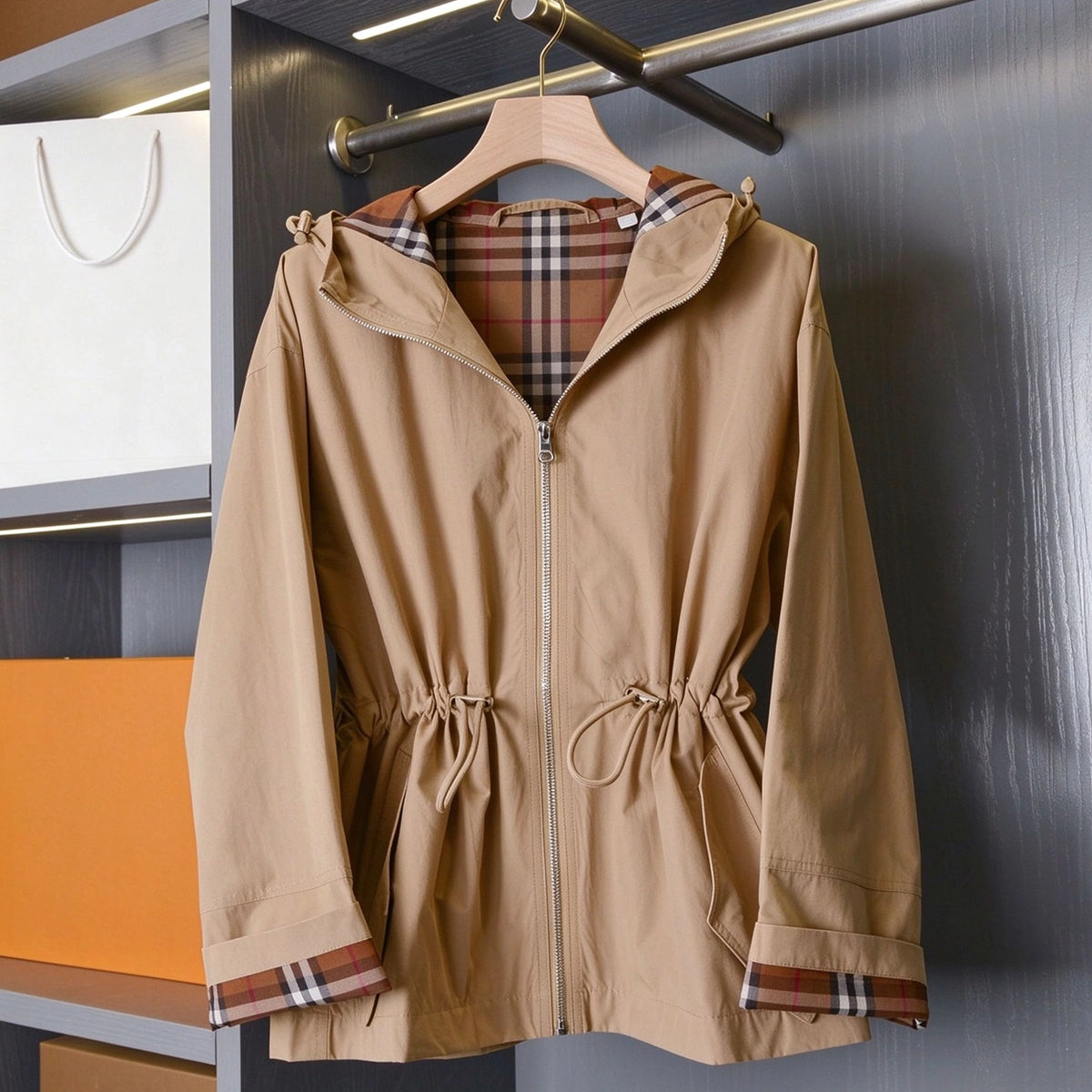 Hooded zip-up jacket, waist-cinched mid-length trench coat