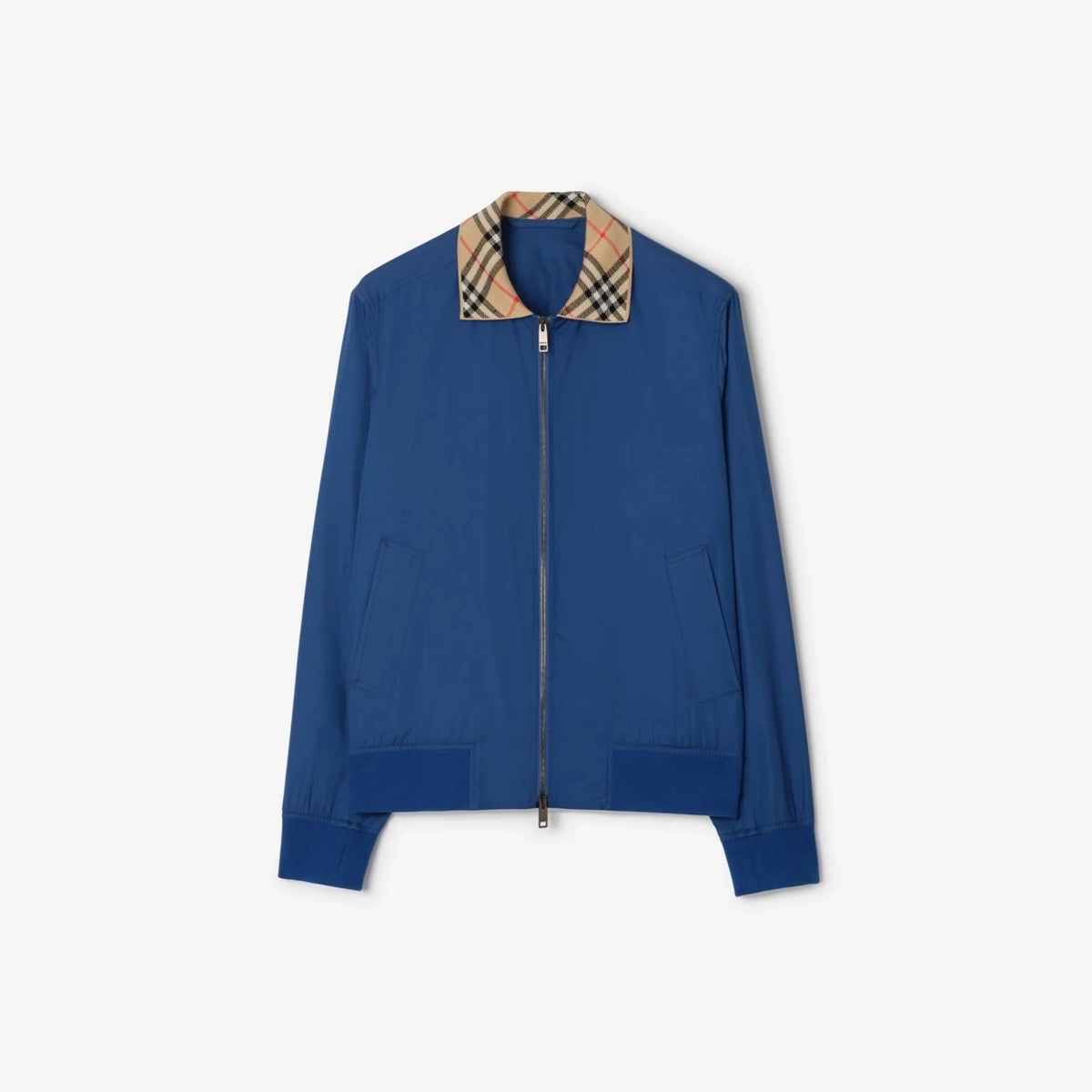 Men's Gabardine Loose-Fit Notch Collar Jacket, Plaid-Trimmed Casual Windbreaker - Tundra White, Nautical Blue, Navy Blue