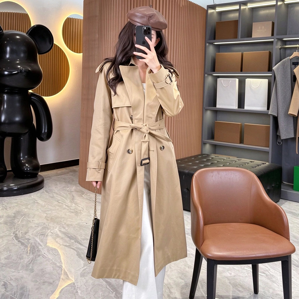 Women's Long Gabardine Lightweight Windproof Coat - Khaki, Black
