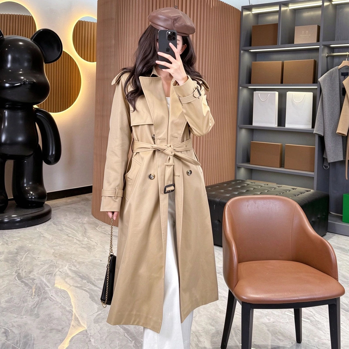 Women's Long Gabardine Lightweight Windproof Coat - Khaki, Black