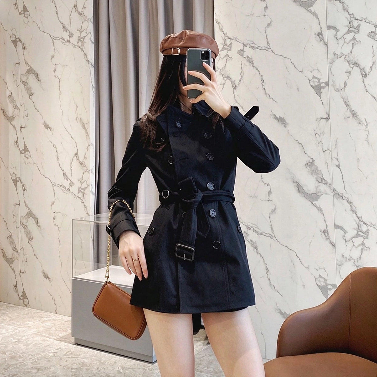 Women's Classic Short Trench Coat - Black