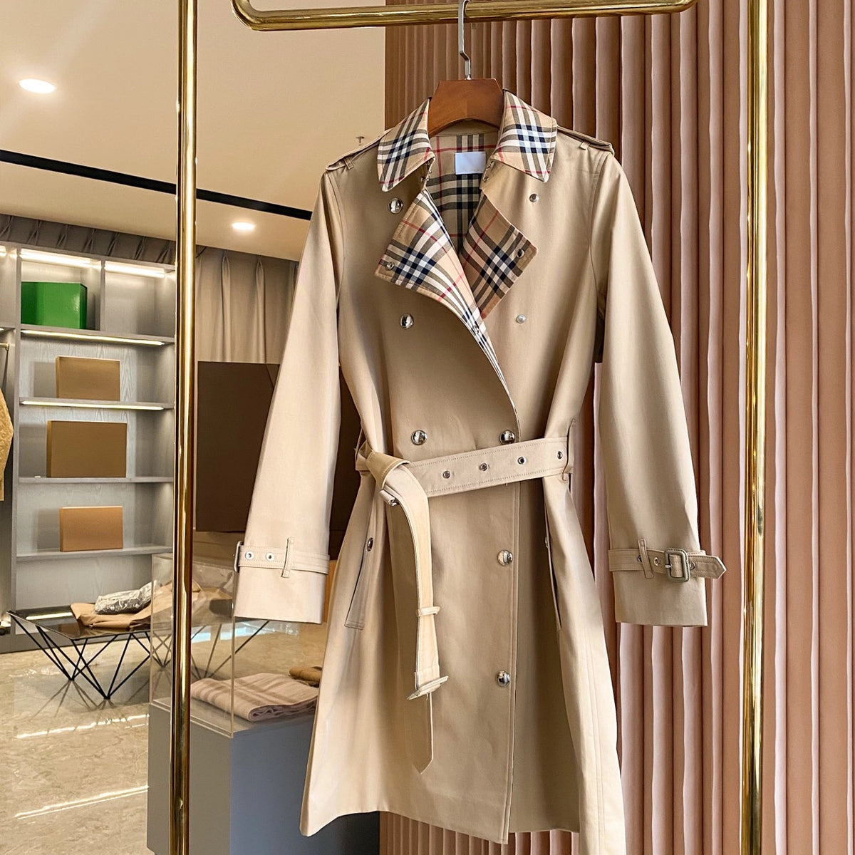 Women's Trench Coat with Checkered Lining Detail, Cotton - Available in Two Colors