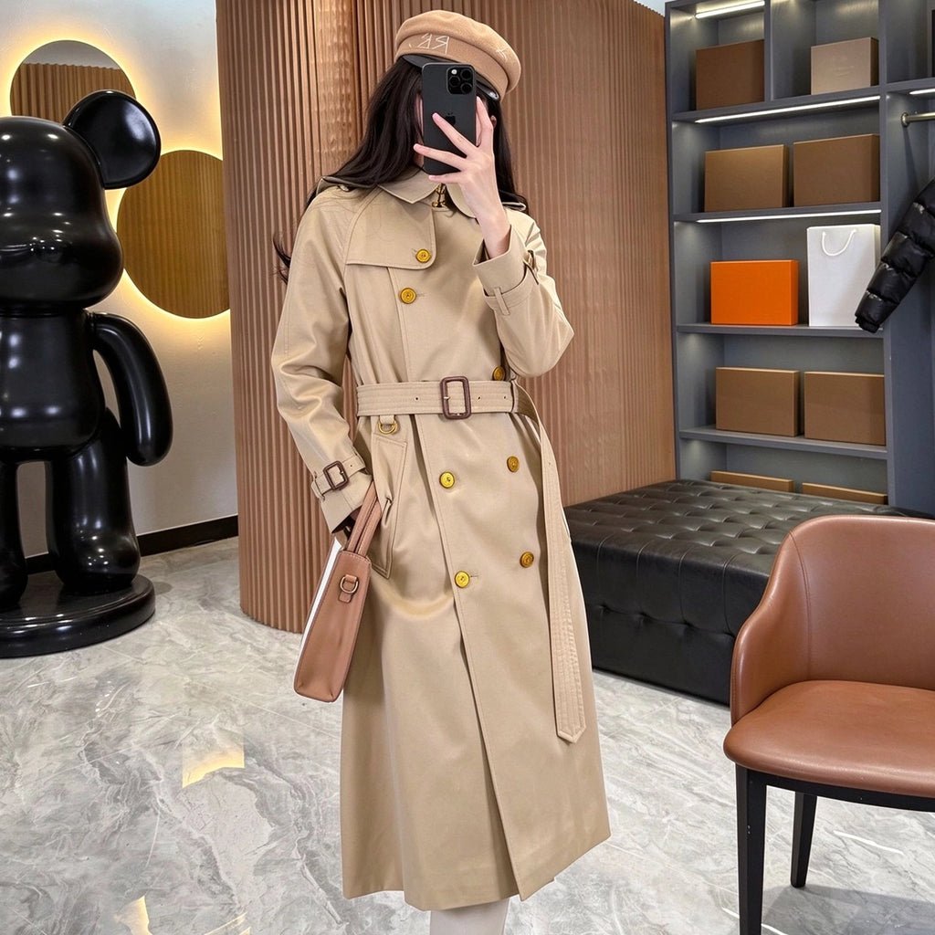 Women's Trench Coat with Metal Buttons, Double-Breasted, Belted - Khaki