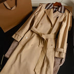 Women's long gabardine fabric trench coat with plaid lapel - Caramel