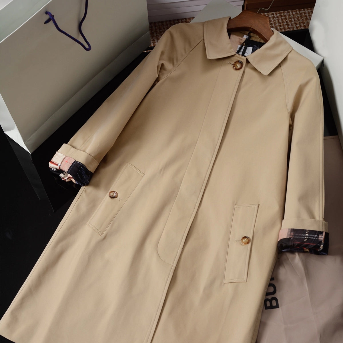 Women's Lined Printed Lightweight Gabardine Trench Coat - Khaki