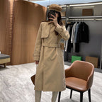Women's large check collar cotton blend trench long coat