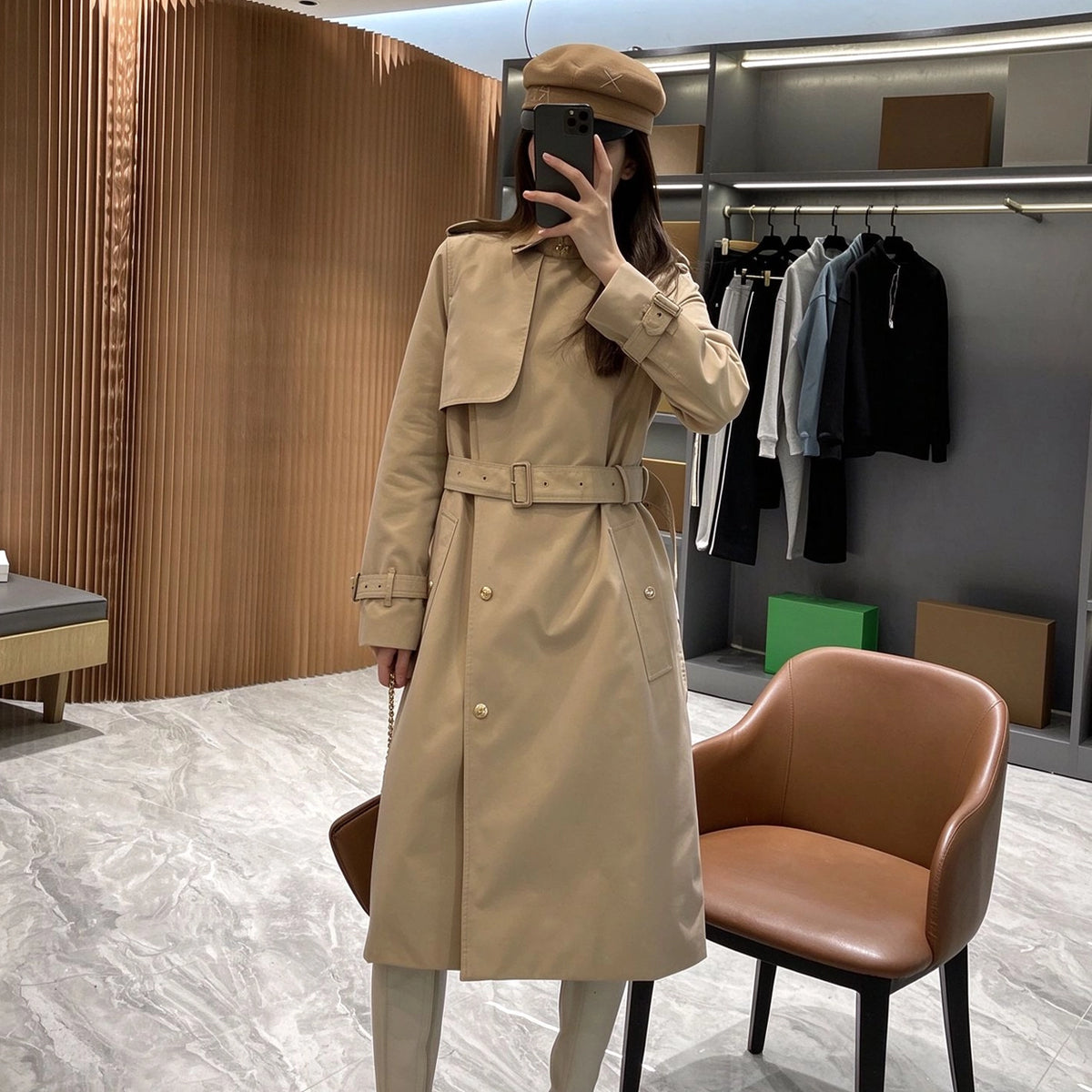 Women's large check collar cotton blend trench long coat