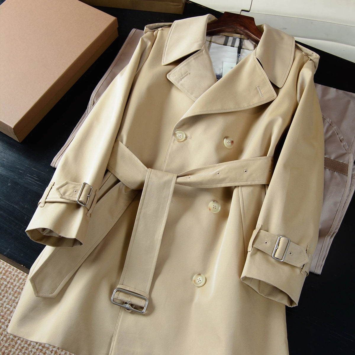 Women's Metal Button Cotton Blend Mid-Length Trench Coat - Khaki