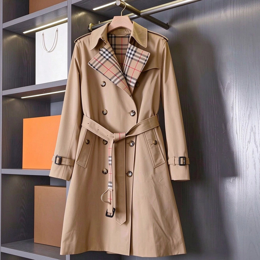 British-style long gabardine trench coat, classic fitted trench jacket - Khaki, black