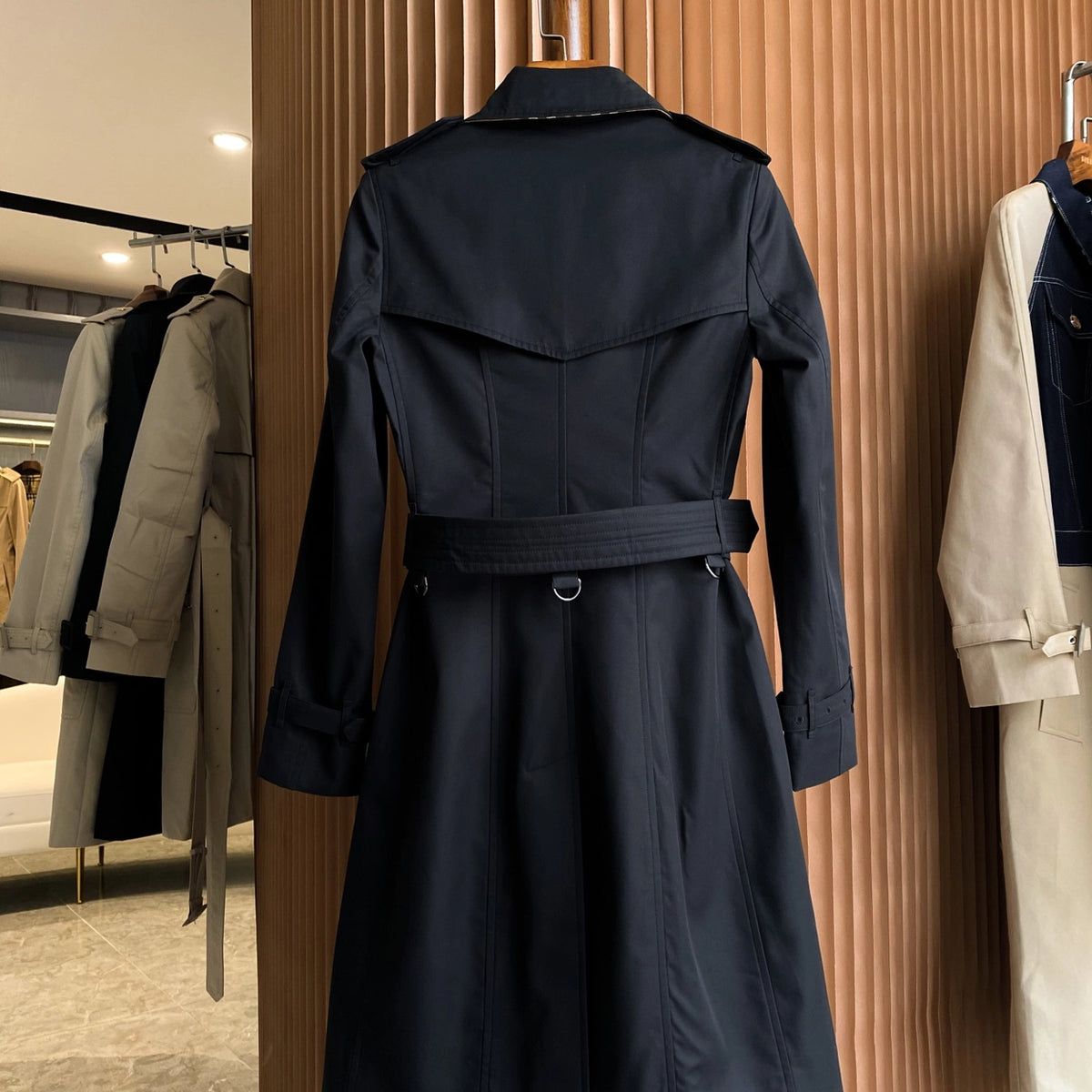 Women's mid-length gabardine double-breasted windproof trench coat