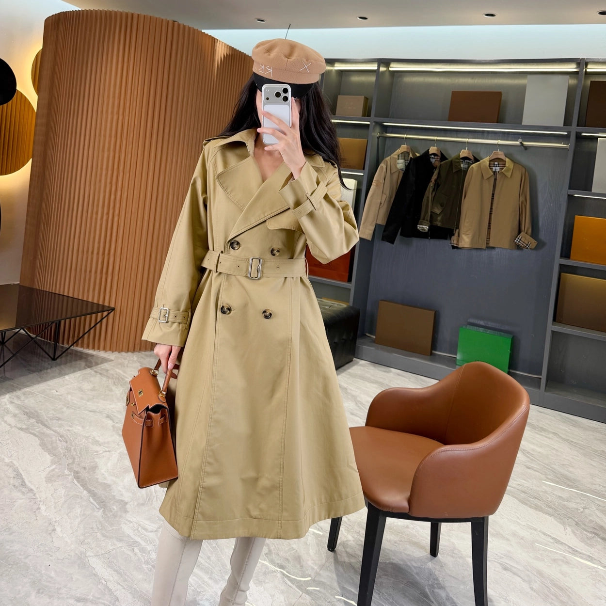 Long lightweight gabardine trench coat with belt, windproof jacket - Sailor Blue, Khaki