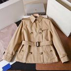 Short Gabardine Trench Coat, Waist-Defined Waterproof Jacket - Khaki, Black