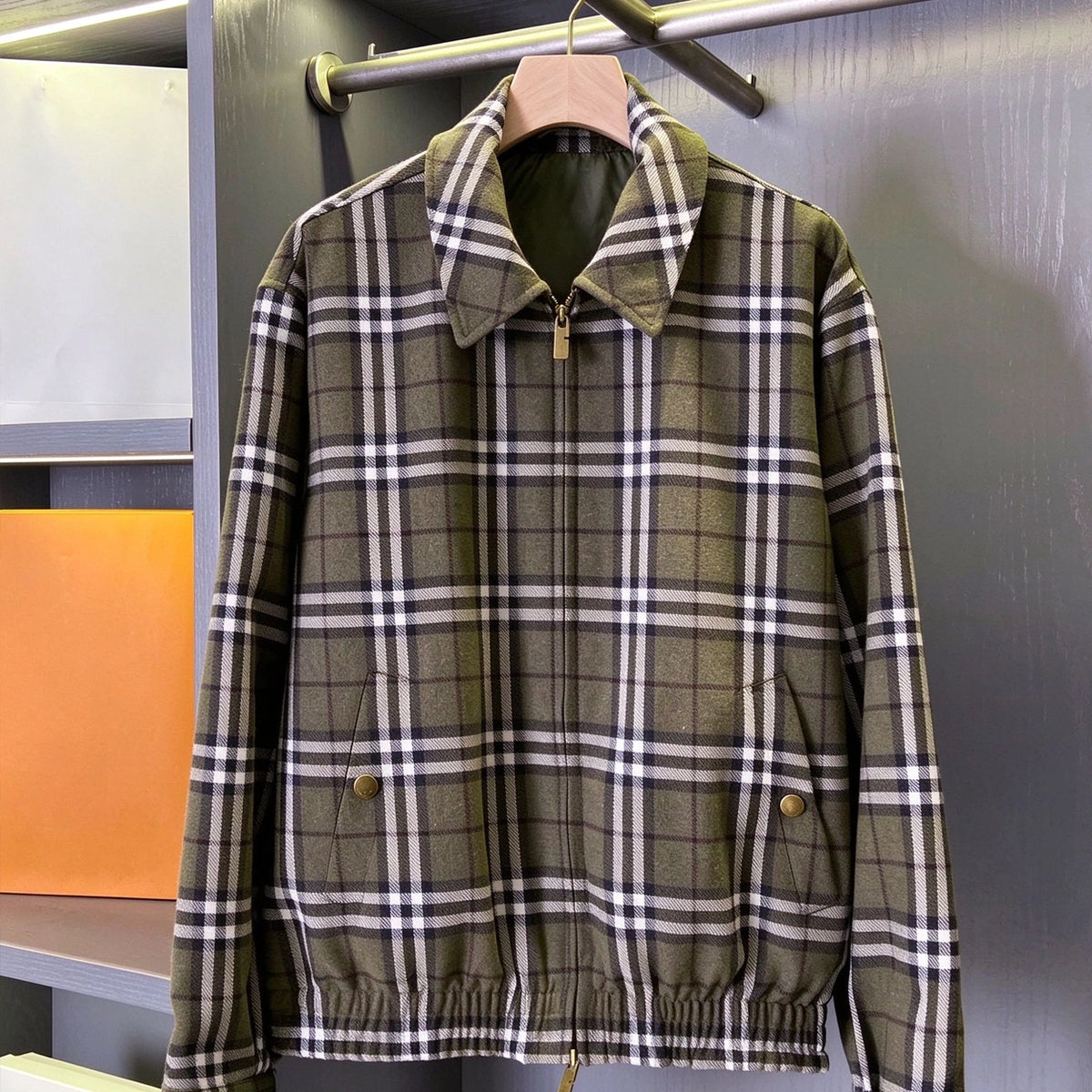 Unisex Plaid Patchwork Wool Harrington Jacket
