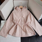 Women's Simple Hooded Waist-Cinching Trench Coat Zipper Jacket - Light Blush Red, Green